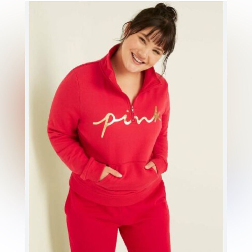 VICTORIA'S SECRET PINK FLEECE QUARTER-ZIP Red Sweater size large